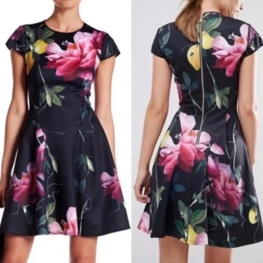 Ted Baker Allisia Skater Dress Visit in Citrus Bloom Print Black Mini Dress Sz 4